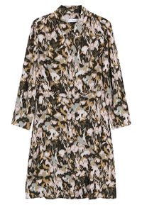 Blumenmusterkleid mit langen Ärmeln, einem Kragen und Knöpfen an der Vorderseite. Die Farben umfassen Dunkelgrün, Beige, Pink und Hellblau. Glatte Stoffqualität.