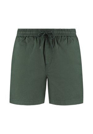 Tmavě zelené plavky vyrobené z lehké tkaniny, s elastickým pasem se šňůrkou a jednoduchým, nezdobeným designem.