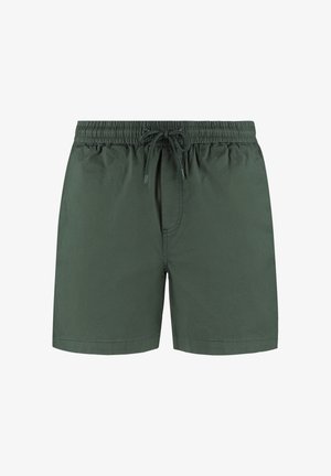 Tamsiai žali maudymosi šortai, pagaminti iš lengvo audinio, pasižymintys elastine juosmena su raišteliu ir paprastu, nesudėtingu dizainu.