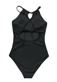 Costume da bagno nero con scollatura alta, spalline incrociate e dettaglio con taglio in vita. Realizzato in tessuto liscio e elastico.