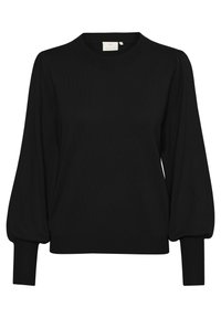 Black long-sleeve pullover sweater with ribbed texture, round neckline, and gathered sleeves. Features fitted cuffs and a straight hem.