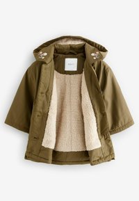 Olivgrön ytterjacka med en plyschbeige inredning, med huva och blommiga broderier på kragen, knappstängning.