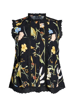 Mouwloze zwarte blouse met meerkleurige bloemenprint, voorzien van kanten afwerking aan de kraag, knoopsluiting, mouwen en zoom.