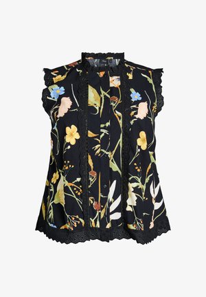 Mouwloze zwarte blouse met meerkleurige bloemenprint, voorzien van kanten afwerking aan de kraag, knoopsluiting, mouwen en zoom.