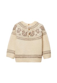 Pull crème avec un motif Fair Isle marron, doté d'un col rond et de trois boutons en bois à l'arrière. Texture tricotée.