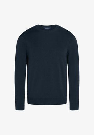 Marineblaues Rundhals sweatshirt aus weichem Material, mit langen Ärmeln, gerippten Bündchen und Saum. Dezente Branding auf dem Kragenetikett.