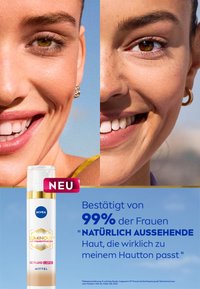 NIVEA Luminous Anti-Pigment CC Fluid in a white bottle with gold accents, displaying smooth skin features on two smiling faces.