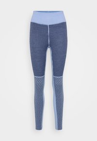 Blå leggings med vertikala ränder, en enfärgad ljusblå midja och strukturerade mönster på underbenen. Tillverkade av sträckbart material.