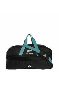Sort duffel bag med turkise stropper, med et logo og lynlås, lavet af slidstærkt materiale, rektangulær form og mesh-detaljer på siden.