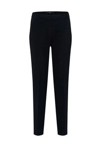 Czarne spodnie w slim fit, wykonane z gładkiego materiału, z prostymi nogawkami, bez widocznych kieszeni i z czystym paskiem.