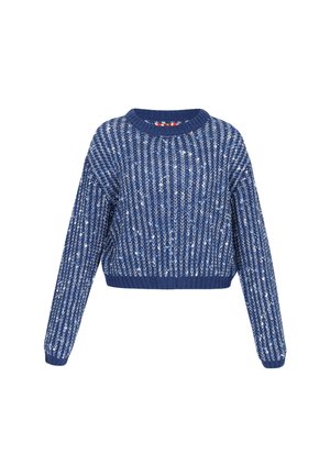 Maglione blu lavorato a maglia con una texture a coste, design cropped, scollo rotondo e maniche lunghe. Presenta dettagli bianchi in tutto il tessuto.
