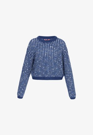 Mėlynas megztinis su virbalu raštu, trumpu dizainu, apvaliu iškirpimu ir ilgomis rankovėmis. Audinyje yra baltų akcentų.