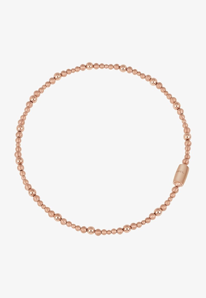 Bracelet perlé en or rose avec des perles rondes brillantes et mates alternées et un fermoir magnétique cylindrique.