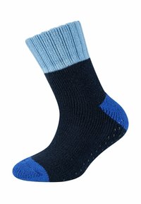Calzino lavorato a maglia con un risvolto a coste blu chiaro, corpo blu scuro e accentuazioni blu per la punta e il tallone. Presenta un motivo di lavorazione a maglia testurizzato e un tallone rinforzato.