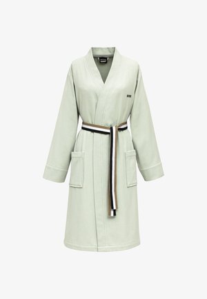 Robe vert clair longueur genoux avec manches longues, deux poches avant, logo "BOSS" sur la poitrine, et ceinture rayée en marron, blanc et noir.