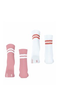 Set aus vier Sportsocken: zwei rosa mit weißen Streifen, zwei weiße mit korallenfarbigen Streifen. Rippstruktur, knöchelhoch, auffällige Markierung an der Zehe.