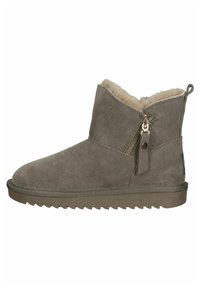 Grijze suède enkellaars met faux fur voering, zijrits en rubberen zool met profiel voor extra grip. Rond neus en kort schachtontwerp.