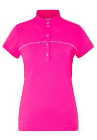 Růžová polo košile s krátkými rukávy, stojáčkovým límcem, zapínáním na knoflíky, texturovanou horní částí a bílými akcentními stehy podél hrudníku.