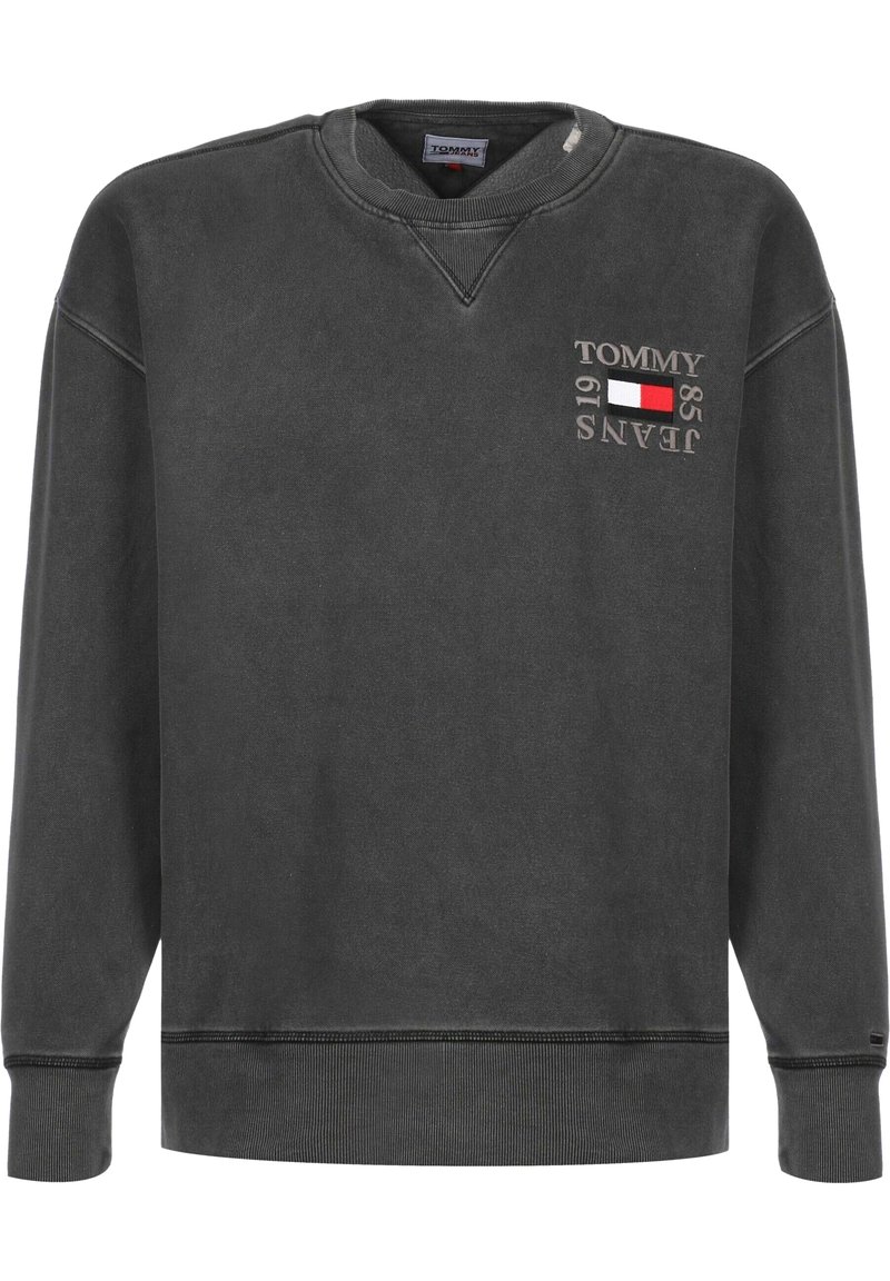 Felpa grigia in cotone, con colletto a girocollo, polsini e orlo a coste, con la scritta "TOMMY JEANS 1985" ricamata sulla parte anteriore.