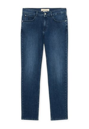 Jeans blu scuro a gamba dritta con cinque tasche, chiusura con bottoni e leggero scolorimento sulle cosce anteriori.
