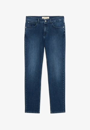 Proste dżinsy w ciemnoniebieskim kolorze, z pięcioma kieszeniami, zapięciem na guzik i delikatnym przetarciem na przednich udach.