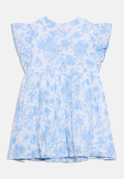 Φόρεμα για νήπια με φλοράλ σχέδιο σε ανοιχτό γαλάζιο και λευκό, με κοντά μανίκια με βολάν και κλείσιμο με φερμουάρ στην πλάτη.