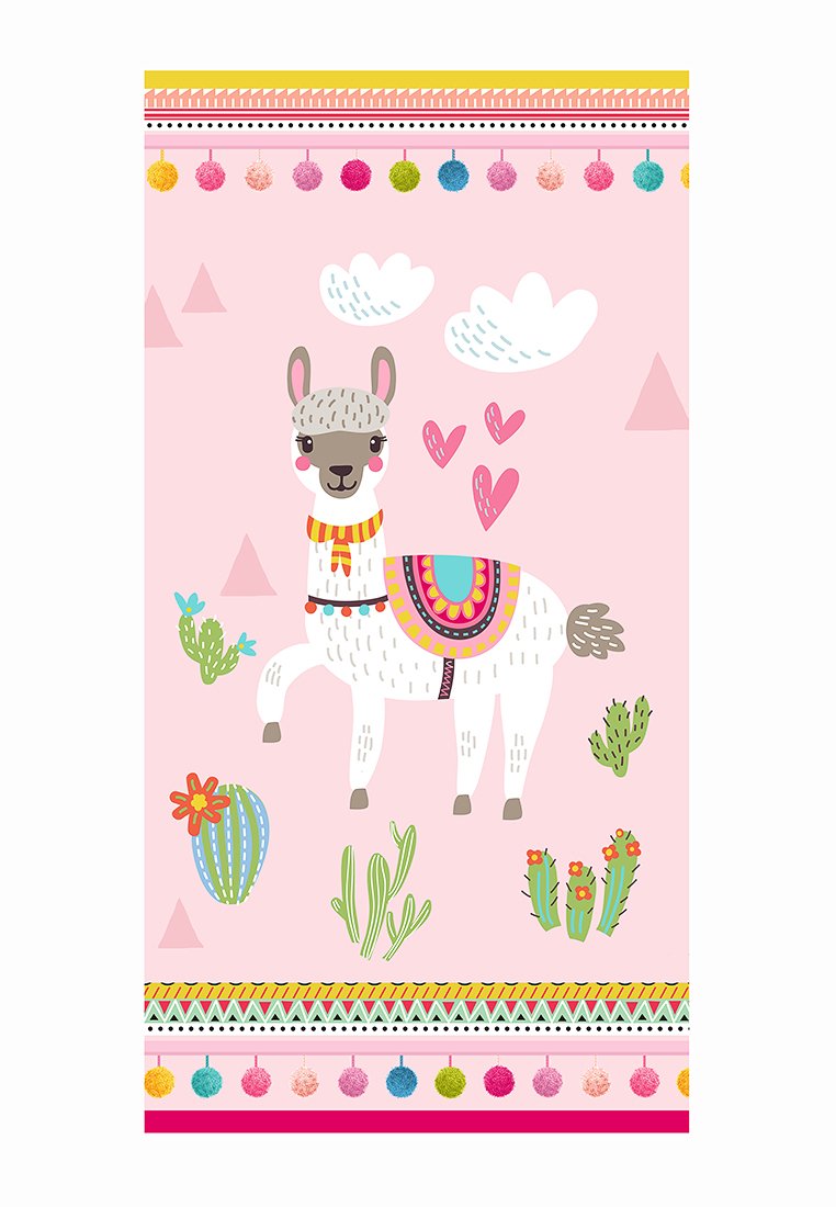 Illustratie van een lama op een roze achtergrond, met een decoratief zadel, wolken, harten en cactussen met kleurrijke accenten en patronen.