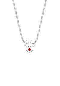 Silverfärgad halsband med en ren-silhuett hänge med en röd kristall som näsa, på en texturerad kedja.