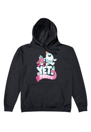 Czarna bluza z kapturem z grafika przedstawiającą kreskówkowego niedźwiedzia i yeti, z napisem "YET TO PARTY" w różowym i białym kolorze oraz z kieszenią z przodu.