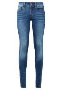 Smal jeans i mörkblå denim med en slät yta, med femfickorsdesign och knappstängning fram. Blekt tvättdetaljer.