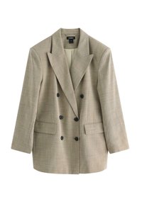Beige dobbeltknappet blazer med brede revers, sorte knapper og klaplommer, præsenteret på en hvid baggrund.