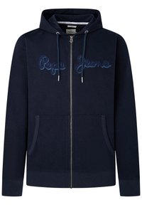 Sudadera con capucha azul marino con cremallera, hecha de algodón, con bolsillo tipo canguro, logo bordado en el pecho y capucha ajustable con cordón.