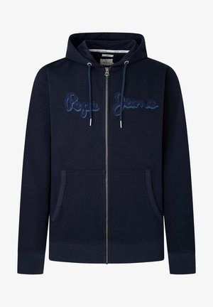 Felpa con cappuccio navy in cotone con zip, dotata di tasca a marsupio, logo ricamato sul petto e cappuccio regolabile con coulisse.