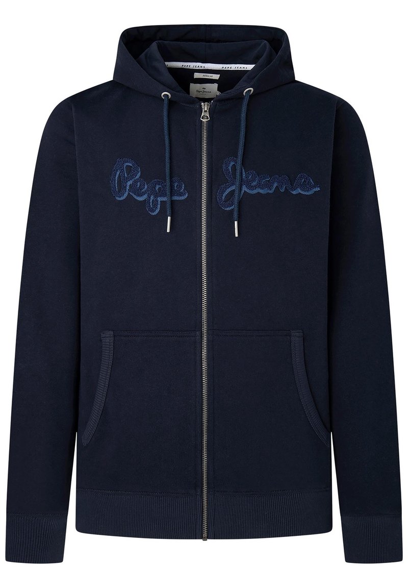 Sudadera con capucha azul marino con cremallera, hecha de algodón, con bolsillo tipo canguro, logo bordado en el pecho y capucha ajustable con cordón.