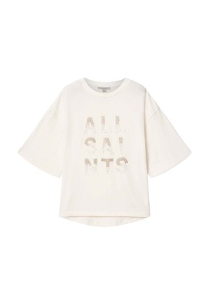 Wit oversized T-shirt met korte mouwen, ronde hals en beige gespikkelde tekst "ALL SAINTS" aan de voorkant.