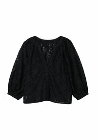 Blusa in pizzo nero con vestibilità ampia, scollatura rotonda, chiusura con bottoni sul davanti e maniche lunghe a sbuffo con polsini elastici. Motivo floreale in tutto il capo.