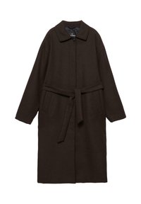 Lang brun uldfrakke med krave, frontknaplukning og et bælte. Har to sidelommer og en løs pasform.