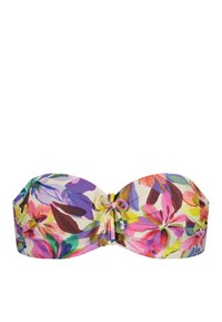 Top bikini a bandeau floreale che presenta fiori multicolori vivaci su uno sfondo beige, con un fiocco centrale e perline decorative.