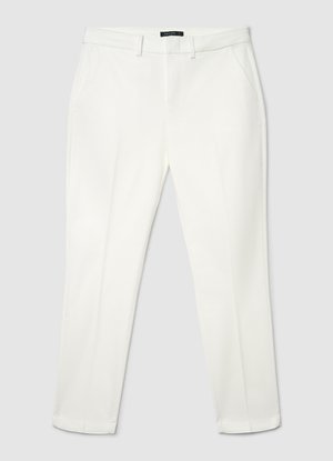 Pantaloni bianchi su misura con una finitura in tessuto liscia, gambe dritte, tasche laterali e chiusura con bottone per un aspetto raffinato.