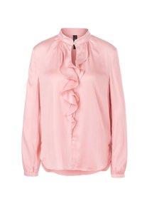 Rosa Satinbluse mit rundem Kragen, einer vorderen Rüschendetail, langen Ärmeln mit elastischen Bündchen und einem leicht abgerundeten Saum.