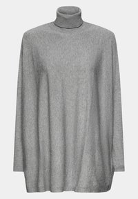 Pull gris clair à manches longues avec col roulé, coupe ample et tissu tricoté doux, présenté sur fond uni.