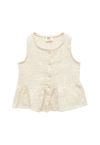 Beige ærmeløs børnetop med blomsterbroderi, rund halsudskæring og knaplukning foran. Udvidet peplum-kant med tekstureret stof.