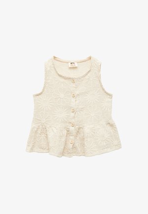 Beige ærmeløs børnetop med blomsterbroderi, rund halsudskæring og knaplukning foran. Udvidet peplum-kant med tekstureret stof.