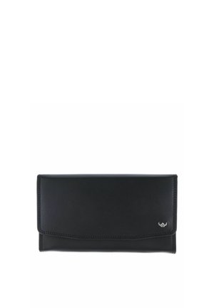 Portefeuille en cuir noir avec bords cousus et petit logo argenté dans le coin inférieur droit, fermé et de forme rectangulaire.