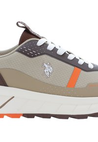 Beige and brown sneaker with textured upper, white laces, orange accent, and embossed logo. Thick white and brown sole with traction.