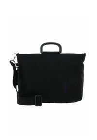 Sac en tissu noir et doux de forme rectangulaire, avec une poignée supérieure, une bandoulière réglable et un détail de boucle. Marquage discret en bleu.