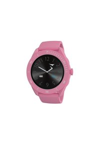 Orologio con cinturino in silicone rosa e quadrante analogico nero, indicatori delle ore bianchi e un indicatore della batteria. Forma rotonda con lunetta testurizzata.