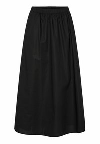 Jupe noire mi-longue en tissu léger avec une taille élastique, présentant une coupe évasée et une texture simple.