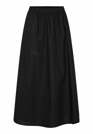 Gonna nera fino al ginocchio realizzata in tessuto leggero con vita elastica, caratterizzata da un design a linea ad A fluida e una trama semplice.