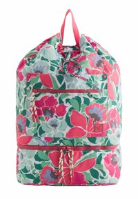 Sac à dos à cordon floral en rose, vert et bleu. Comprend une poche zippée à l'avant, des boucles en tissu et une texture lisse.